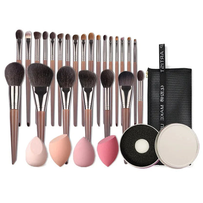 Premium 24-piece natural makeup brush set with sustainable Beech Wood handles and uncut natural bristles for flawless makeup application