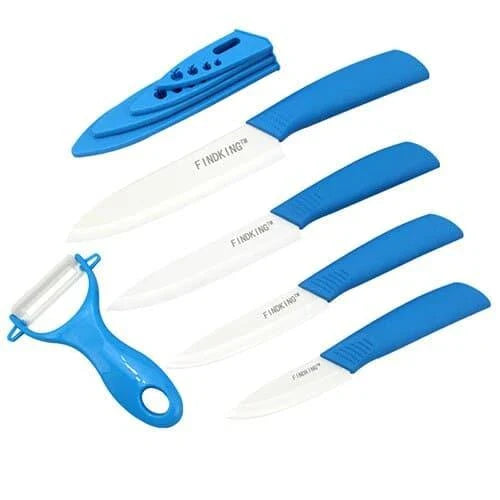 Set of premium ceramic knives with vibrant, colourful handles for a modern Kiwi kitchen