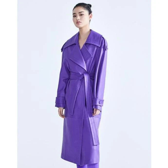 Elegant purple faux leather trench coat with adjustable waist and full-length sleeves for a tailored fit and stylish look