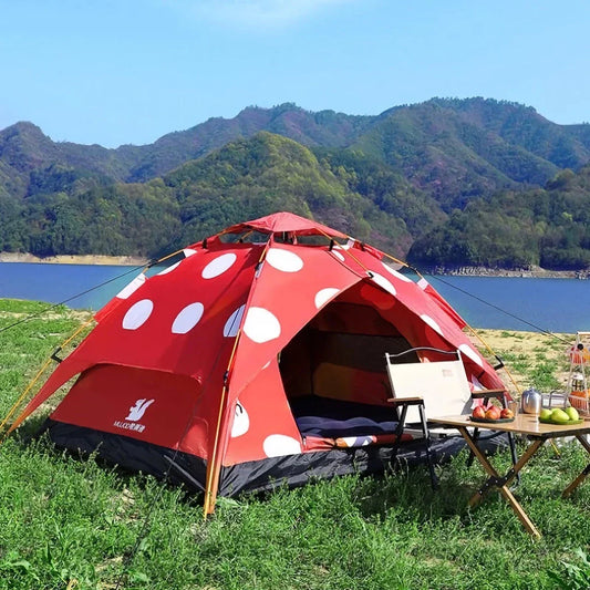 Polka Dot Mushroom Automatic Folding Camping Tent with durable, waterproof construction and easy setup