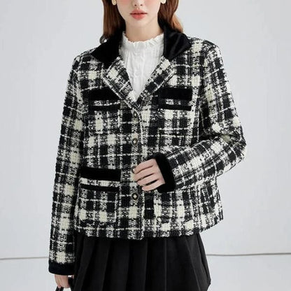 Stylish plaid woollen women's short jacket with contrast colour patchwork, perfect for Kiwi winters