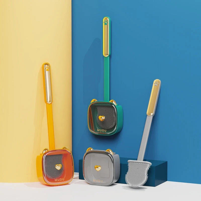 Stylish cat-themed wall-mounted toilet brush set with flexible silicone bristles for efficient cleaning in the Kiwi bathroom