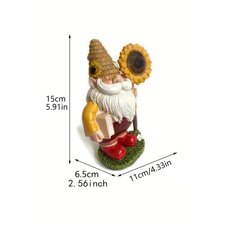 A charming resin garden gnome statue holding a sunflower and book, designed to brighten up any Kiwi outdoor space.