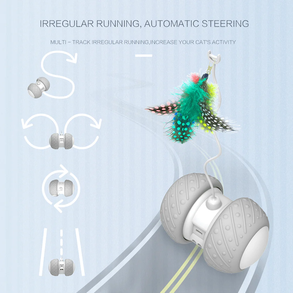 A grey interactive cat toy with a feather attachment, designed to engage a cat's natural hunting instincts and provide long-lasting entertainment.