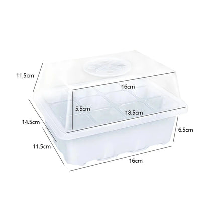 A transparent 12-cell seedling tray with a humidity dome and drainage holes, perfect for growing a variety of plants from seeds.
