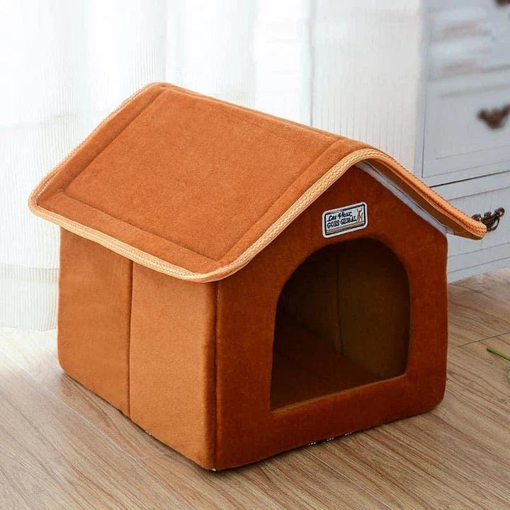 Folding pet house with soft mat in brown, providing a cozy Kiwi-inspired retreat for cats and dogs