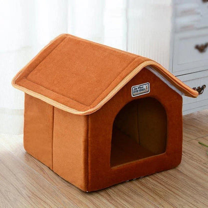 Folding pet house with soft mat in brown, providing a cozy Kiwi-inspired retreat for cats and dogs