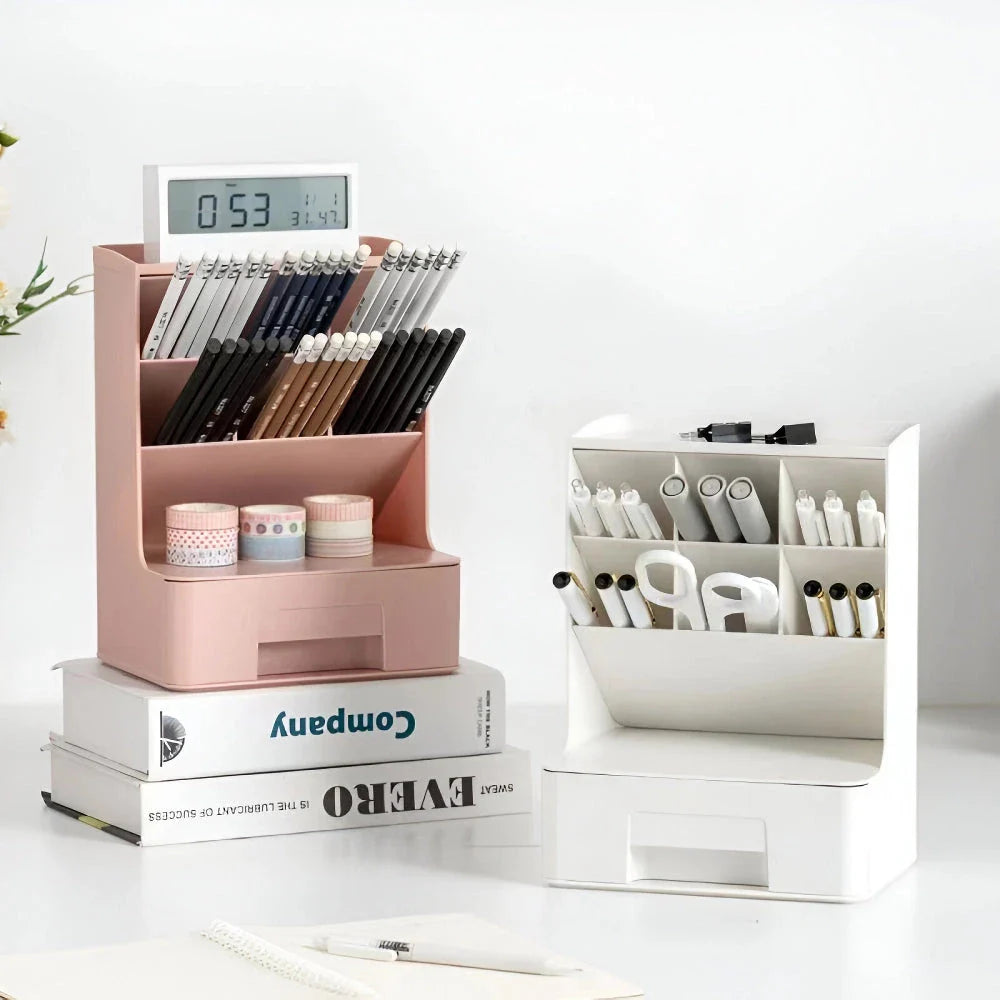 Stylish white desk organiser with compartments for pens, pencils, and other stationery items