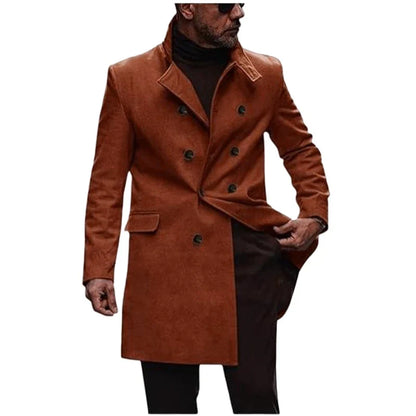 A stylish and warm wool coat for men, featuring a streamlined European-inspired design and practical side pockets.
