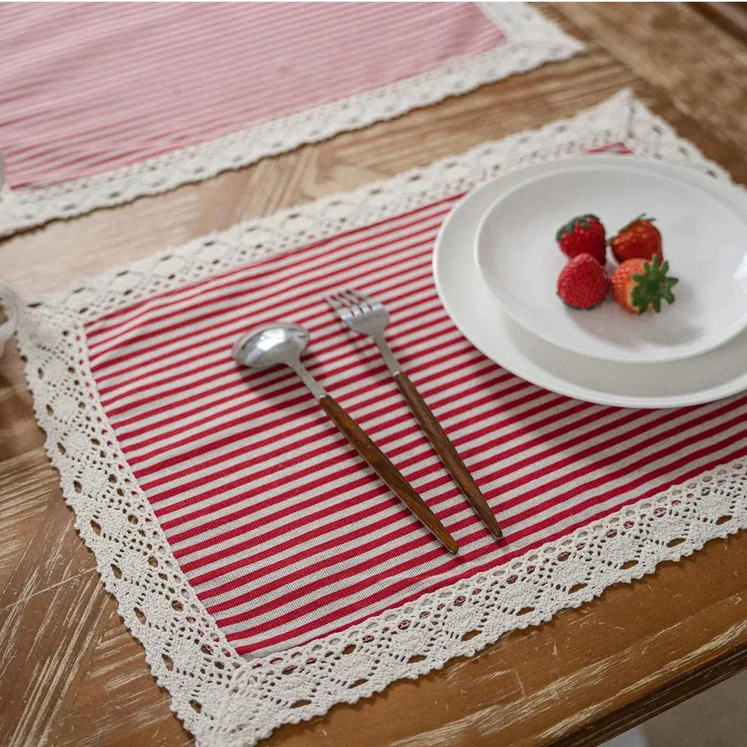 Stylish geometric lace placemats in a variety of shapes and colors, designed to protect your Kiwi dining table and add a touch of modern elegance.