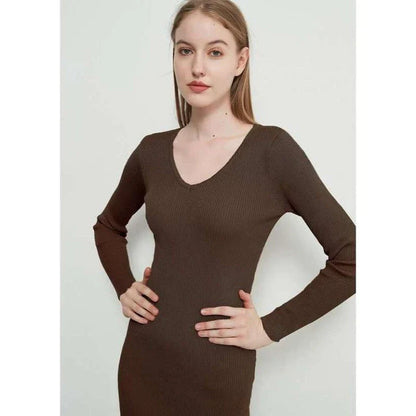 A chic and elegant knitted midi dress in neutral tones, featuring a graceful V-neck, full-length sleeves, and a flattering body-hugging silhouette.