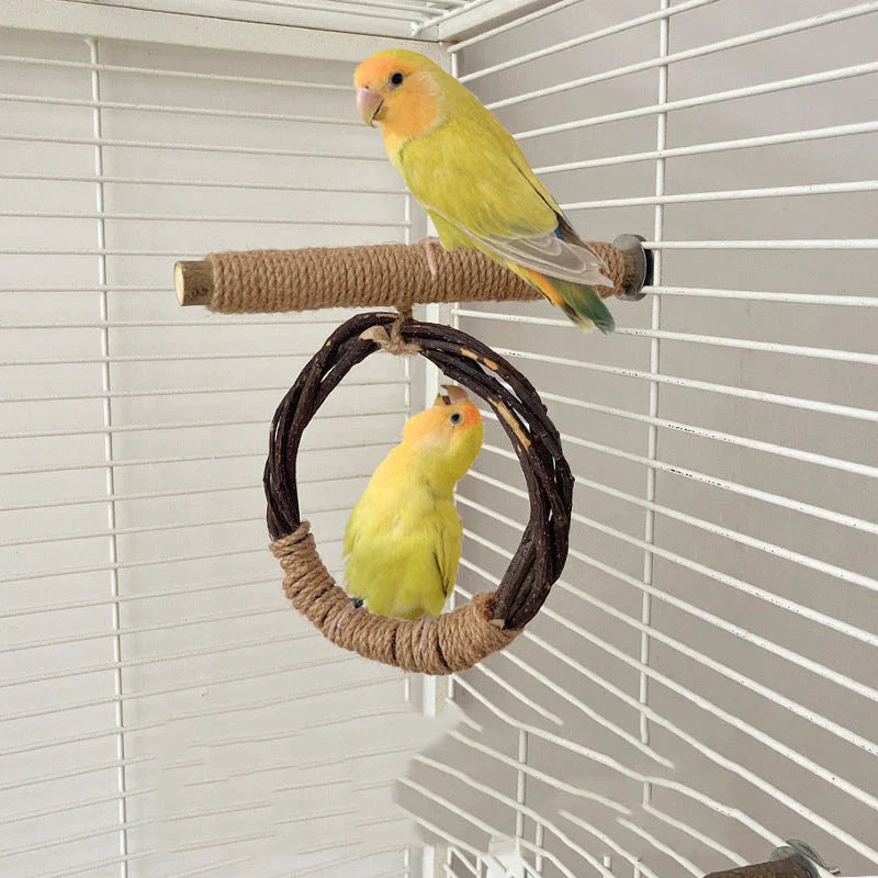 Rustic apple wood bird swing and perch toy for small to medium-sized Kiwi birds like parakeets, cockatiels, and sun conures