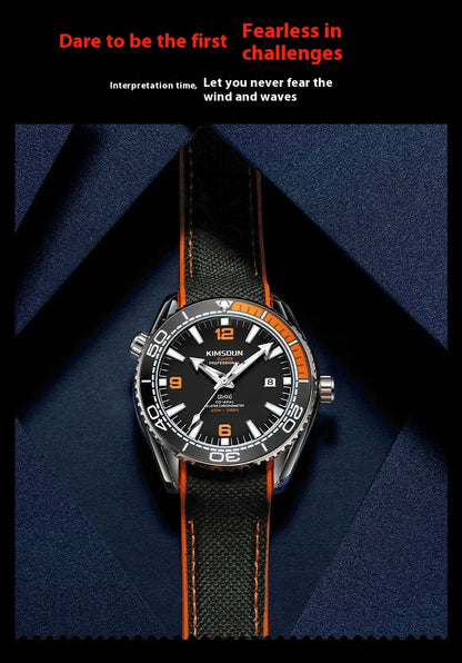 Stylish silver mechanical watch with luminous hands and indices, transparent bottom, and orange accent circle