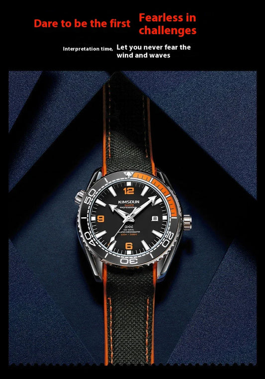 Stylish silver mechanical watch with luminous hands and indices, transparent bottom, and orange accent circle