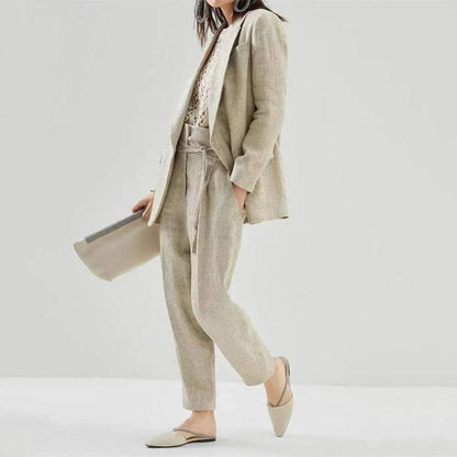 Elegant cotton linen blazer and trousers set in a sophisticated style suitable for Kiwi women's office and casual wear