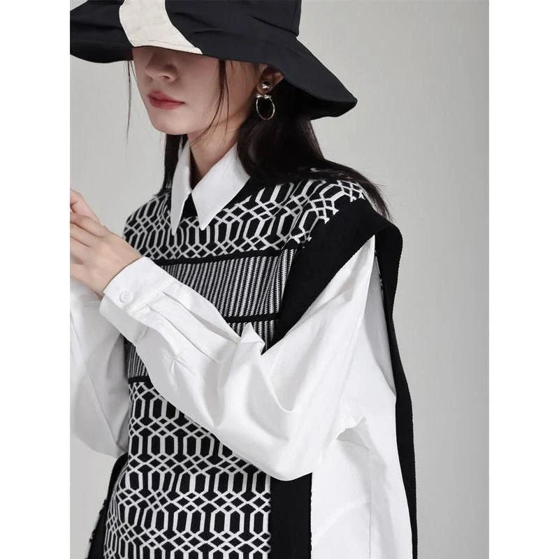 Women's Black Irregular Pattern Knitting Vintage Vest with unique design and comfortable cotton-polyester blend