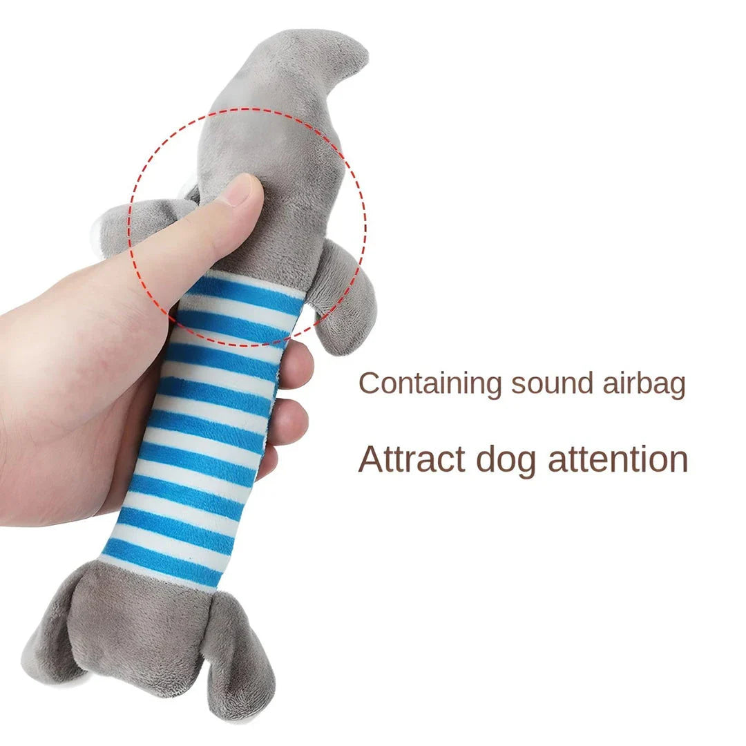 Durable squeaky plush dog toy with textured surface for teeth cleaning and engaging playtime