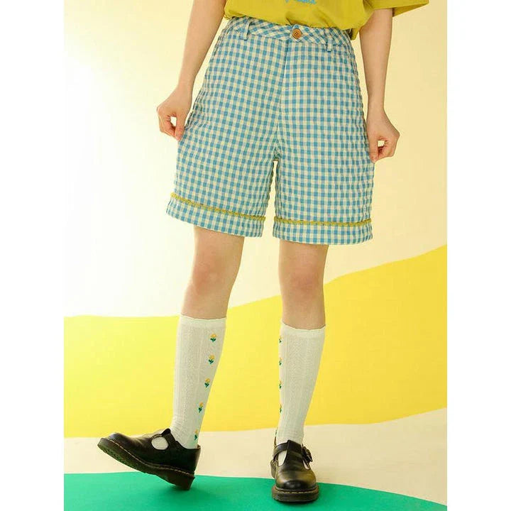 High-Waisted Plaid Chic Shorts with Bright Line Accents - Stylish Summer Essential
