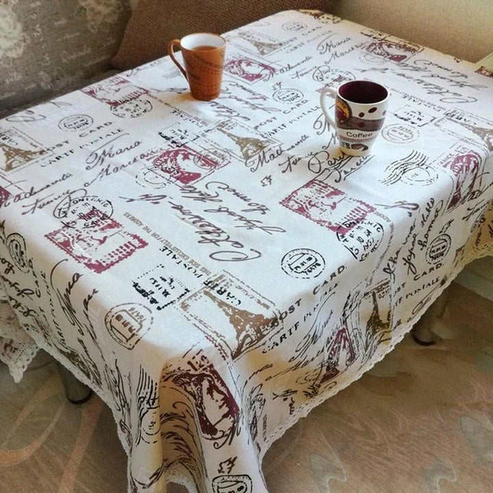 Elegant Paris-themed cotton and linen tablecloth with a delicate pattern, perfect for transforming your dining space