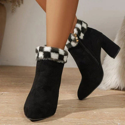 A pair of stylish plaid print plush ankle boots with a square heel, designed for warm and comfortable winter wear.