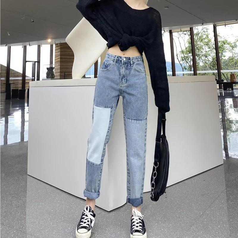 Trendy Autumn Pants: Straight-Leg, High-Waisted Denim Trousers in Light Blue