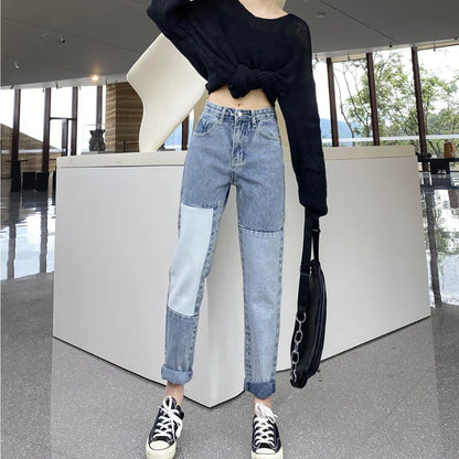 Trendy Autumn Pants: Straight-Leg, High-Waisted Denim Trousers in Light Blue