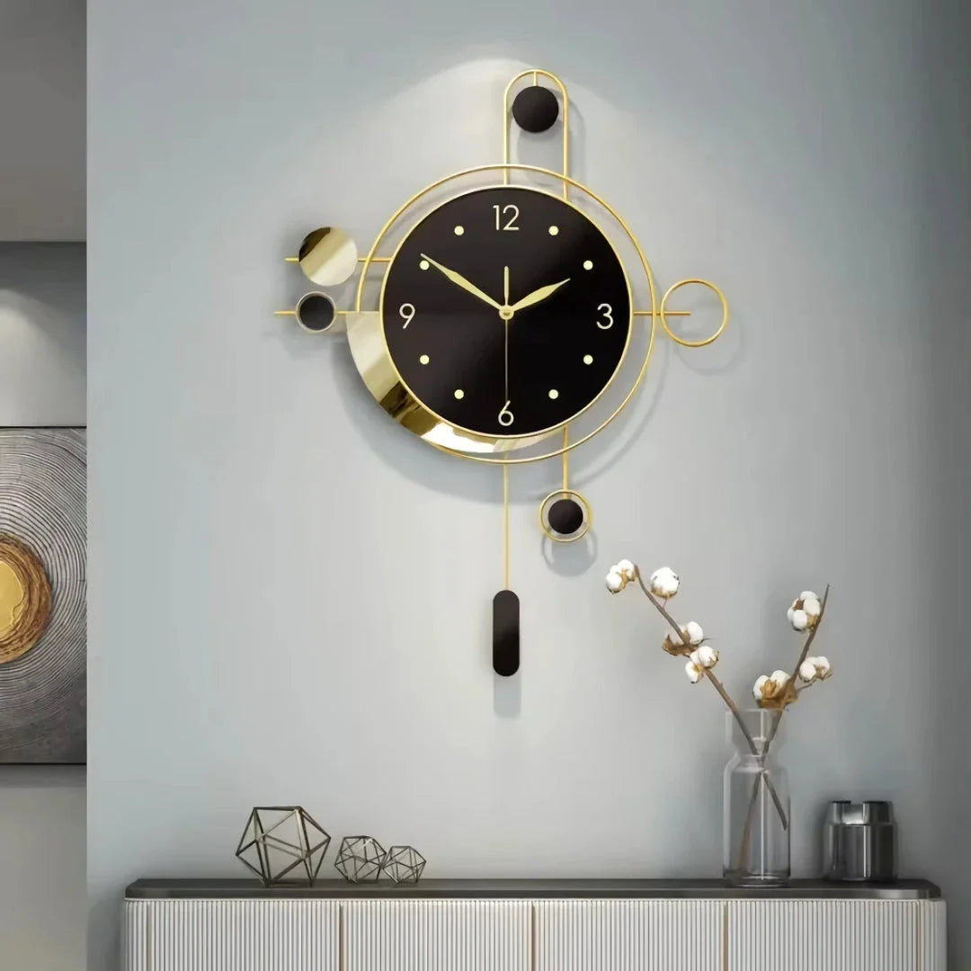 A sophisticated Art Deco wall clock with a gold pendulum and black face, adding a touch of modern elegance to any room.