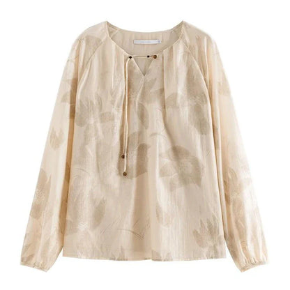 Sophisticated Kiwi-inspired beige floral print blouse with lace-up neck detail, ideal for office or casual wear