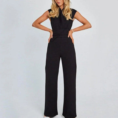 Elegant V-Neck Sleeveless Wide-Leg Jumpsuit in Khaki color, featuring a high-waist silhouette and lace-up detail for a refined, versatile look.