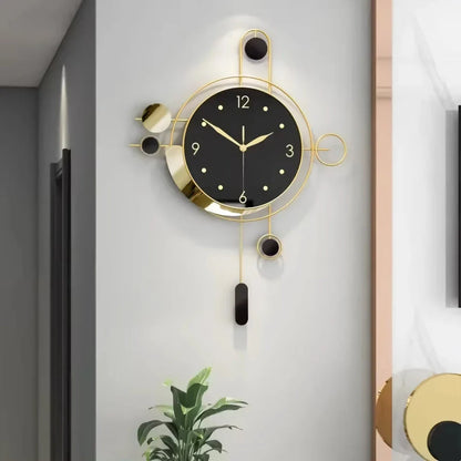 A sophisticated Art Deco wall clock with a gold pendulum and black face, adding a touch of modern elegance to any room.