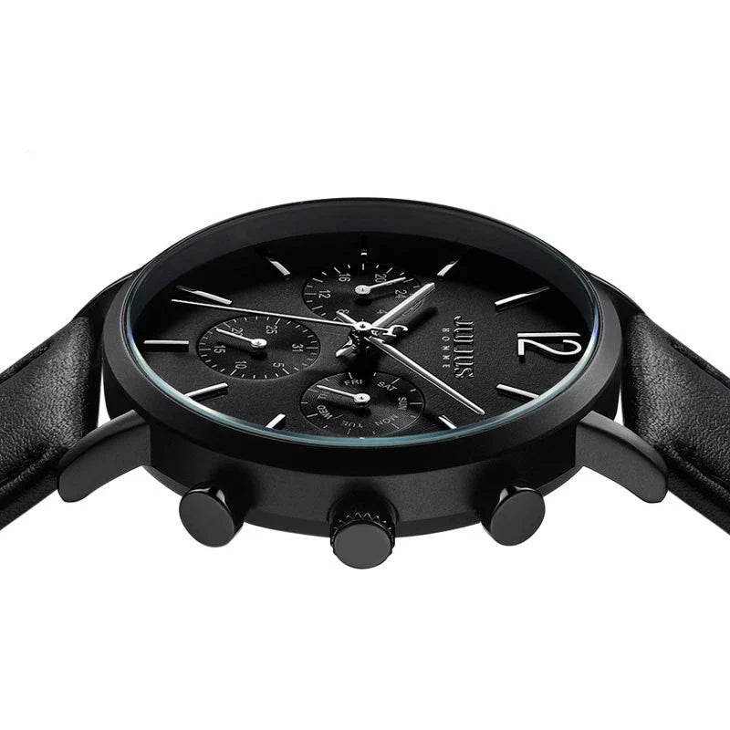 Stylish Multi-Function Quartz Waterproof Watch with a sleek design, durable mineral-reinforced glass, and comfortable leather strap