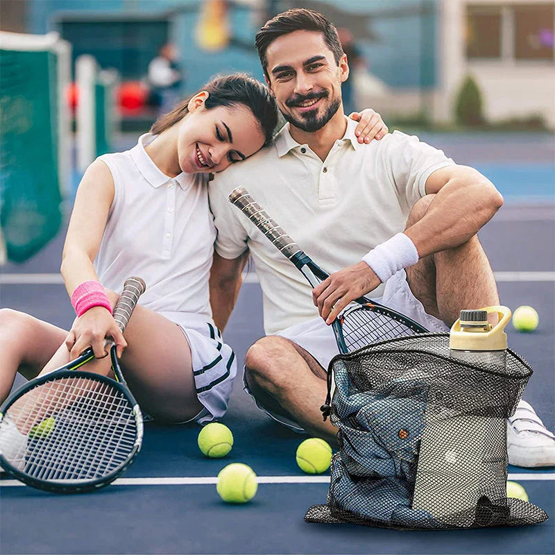 Nylon mesh drawstring storage bag in various sizes, suitable for storing sports gear, laundry, and more