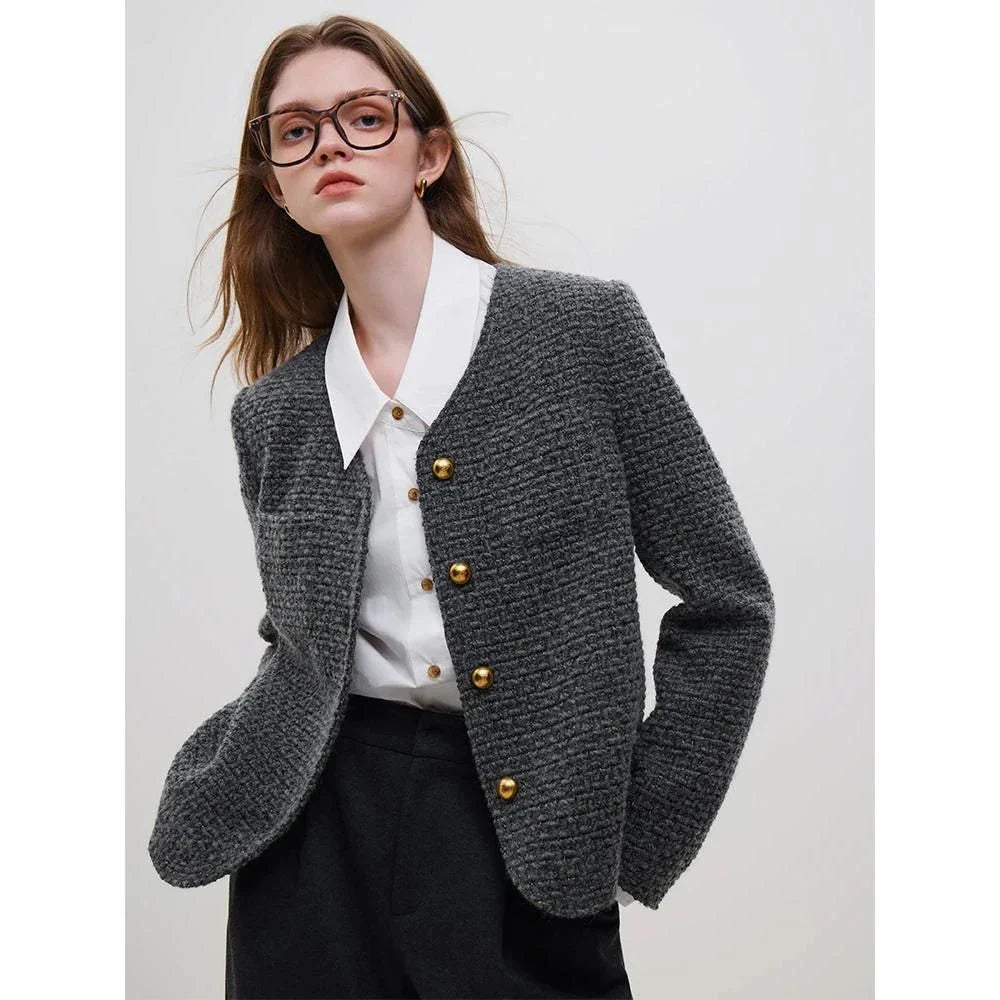 Warm and stylish women's winter jacket made of wool tweed fabric with a chic solid pattern and V-neck collar design