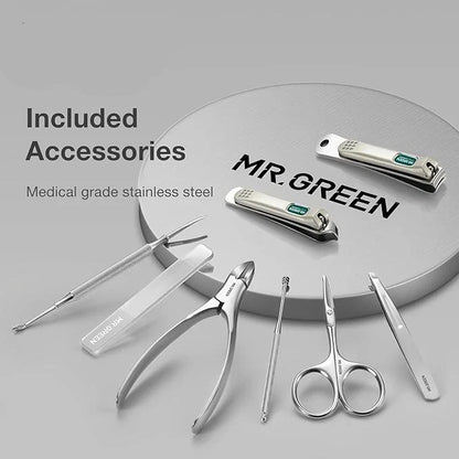 Premium 8-piece stainless steel manicure and grooming kit with nail clippers, pedicure tools, eyebrow tweezers, and cuticle scissors