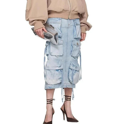 High waist denim skirt with distressed detail and ribbon slit - a versatile Kiwi fashion piece