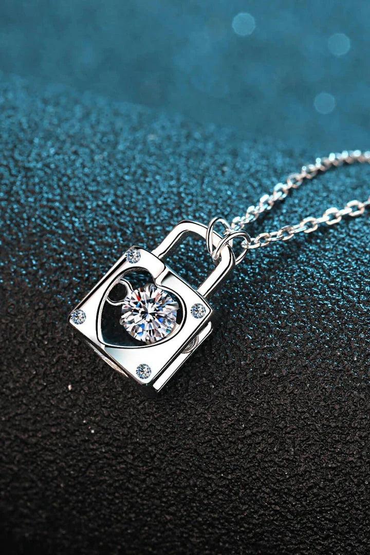 Elegant Moissanite Lock Pendant Necklace with 925 sterling silver, moissanite centre stone, and zircon accents