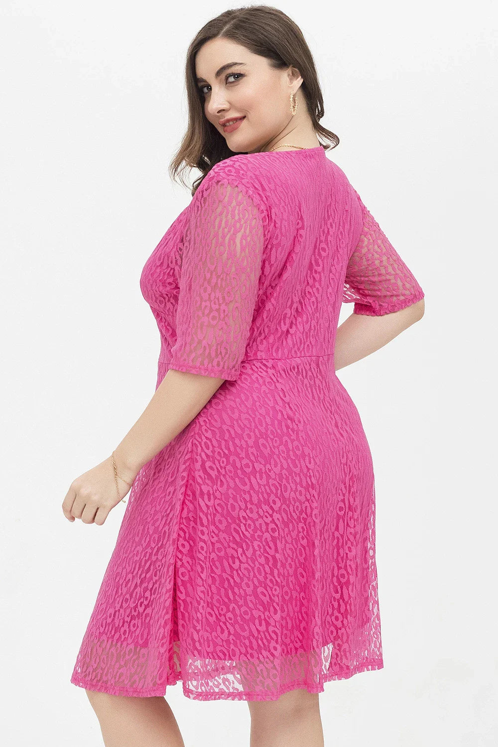 Stylish relaxed-fit v-neck lace dress in rose red color, featuring a flattering A-line silhouette and premium polyester fabric