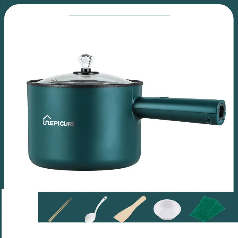 Versatile electric cooker in Emerald Green and Sapphire Blue colours, featuring manual and smart pot models with steaming grids for a range of cooking functions.