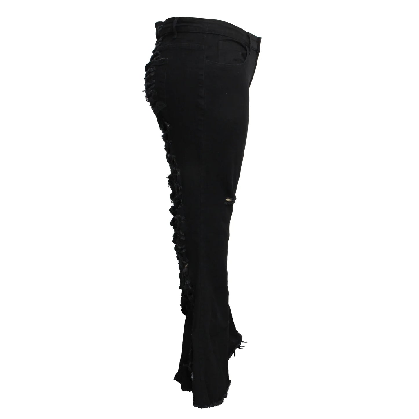 Stylish stretch denim flare jeans in black and light blue colors, featuring a high-waisted, bell-bottom design for a flattering, retro-inspired look.