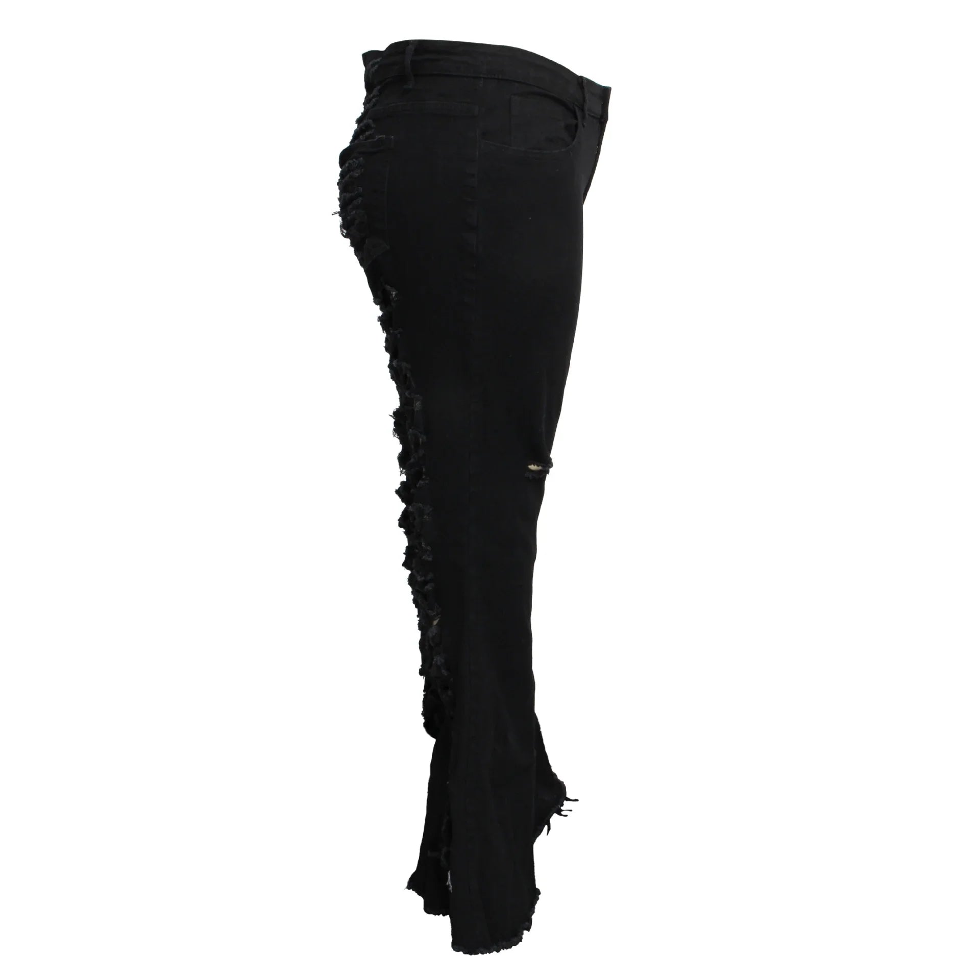 Stylish stretch denim flare jeans in black and light blue colors, featuring a high-waisted, bell-bottom design for a flattering, retro-inspired look.