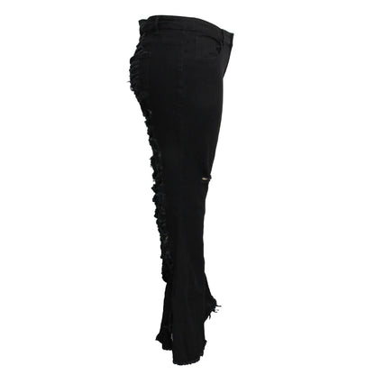 Stylish stretch denim flare jeans in black and light blue colors, featuring a high-waisted, bell-bottom design for a flattering, retro-inspired look.