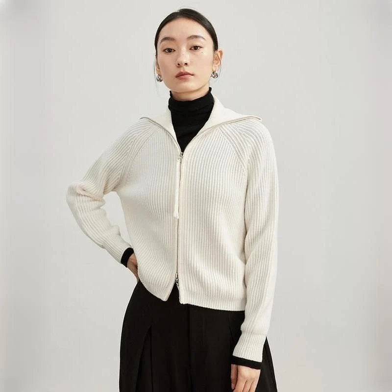 Heavy wool cardigans for women in khaki and white colors, featuring a stylish A-straight pattern, turn-down collar, and zipper closure for a cozy and elegant look.