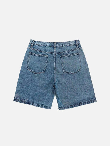 Loose Contrast Color Five-pointed Star Patch Denim Shorts in blue, featuring a relaxed, comfortable fit and unique star patch detailing