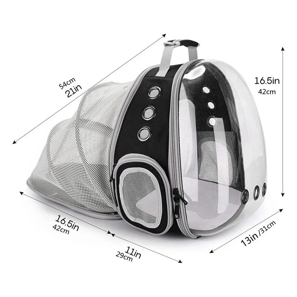 Expandable pet carrier backpack with transparent walls, allowing pets to enjoy the view during travel