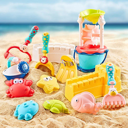 Colorful beach toy set with shovels, sand molds, and a convenient carry bag for outdoor fun