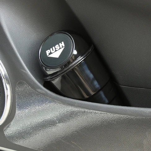 Compact in-car rubbish bin made of durable ABS plastic, designed to fit in car cup holders and keep vehicles clean and organised