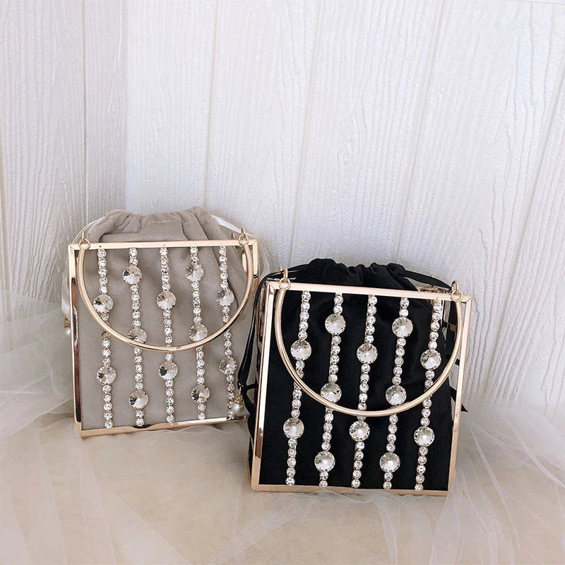 A stylish Kiwi-designed diamond-studded dinner bag with metallic accents, showcasing a range of premium features like lace, plaid, and sequins.