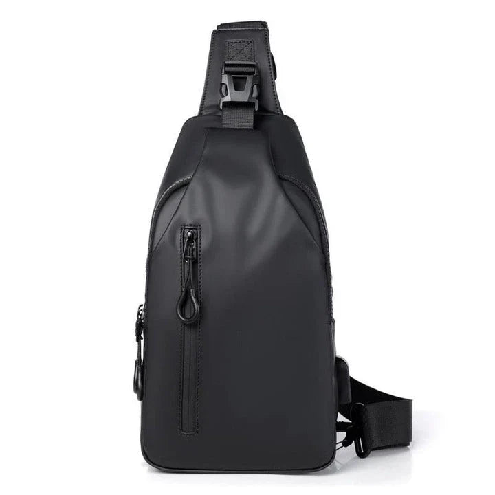 Eco-friendly sling backpack in blue, black, and grey colours with adjustable strap for hands-free wear