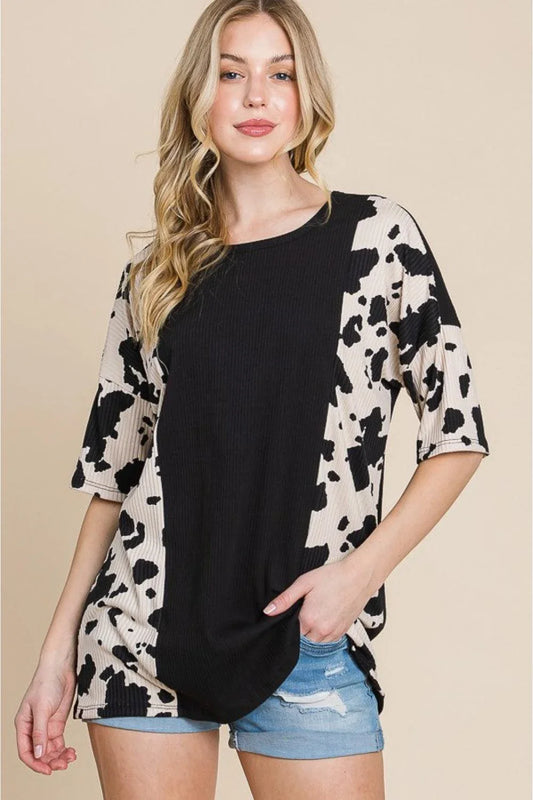 Stylish cow-print tee with ribbed fabric for Kiwi ladies, perfect for casual outings or night out with friends