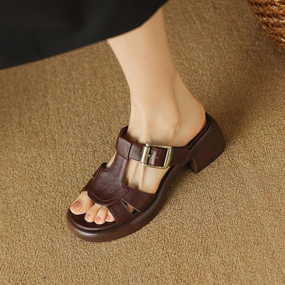 Premium cow leather sandals with a stylish buckle detail and a supportive square heel, perfect for Kiwi summer fashion.